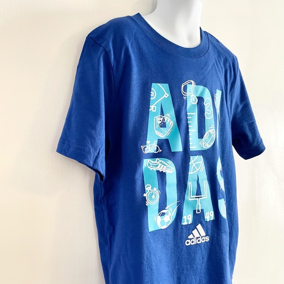 🆕Boys ADIDAS Blue Crew Neck Short Sleeve Graphic T-Shirt Size 7 - Picture 5 of 9